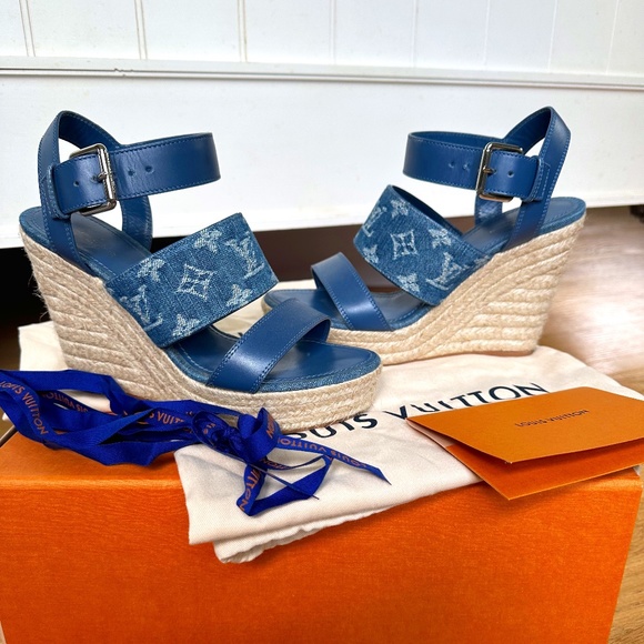 LOUIS VUITTON Canvas Monogram Starboard Wedge Espadrilles 40 Blue |  FASHIONPHILE